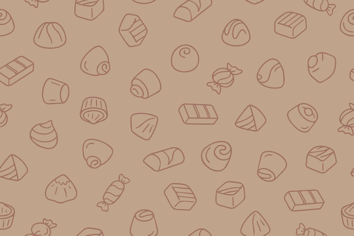 Seamless pattern of chocolate candies in doodle style. Different types of chocolate on beige background. Hand drawn illustration. vector