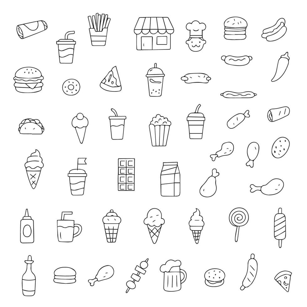 Collection of various food and drinks icons. Includes burgers, ice cream, tacos and more, perfect for cooking themes and graphic design projects. Junk Food Day is July 21st vector