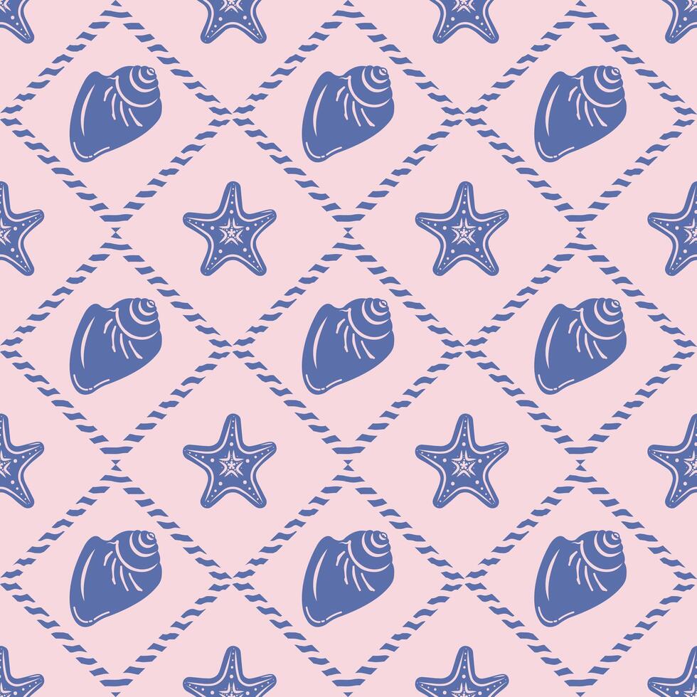 Seamless sea pattern with shell silhouettes and starfish. Blue on a pink background. Symmetrical, geometric ornament for textiles, paper and decoration of products. vector