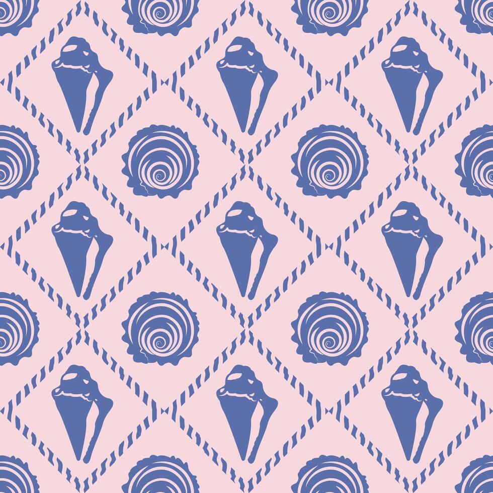 Seamless shell pattern. Blue silhouettes on a pink background, geometric diamond pattern. Vintage background for textiles, covers, wrappers. vector
