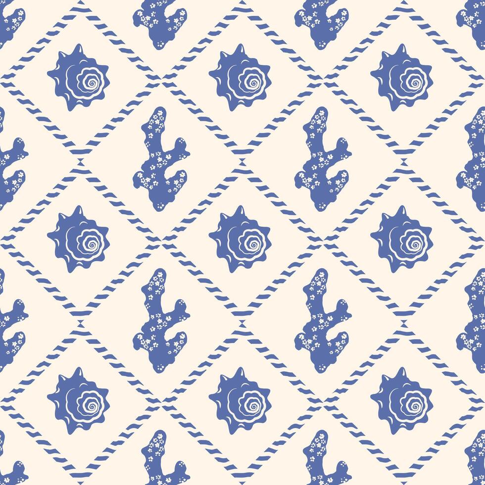 Seamless marine pattern with silhouettes of shells and corals. Blue on a light background. Symmetrical, geometric ornament for textiles, paper and decoration of products. vector
