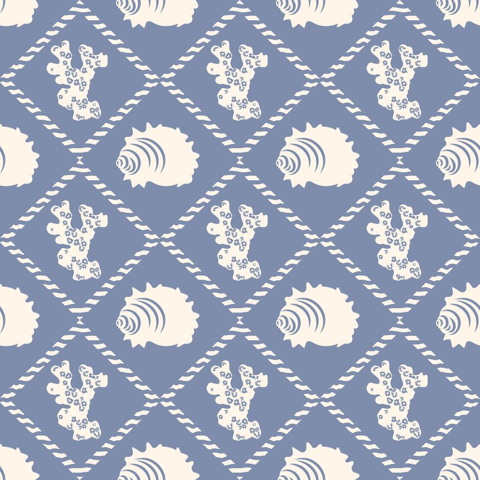 Seamless pattern with shells and corals. Light silhouettes on a gray blue background, geometric diamond pattern. Vintage background for textiles, covers, wrappers. vector