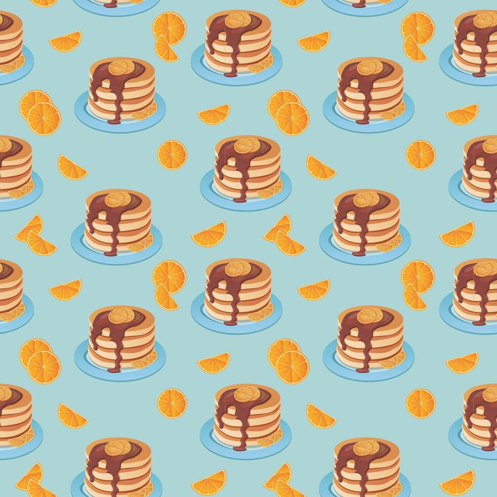 Pancakes with chocolate and oranges vector