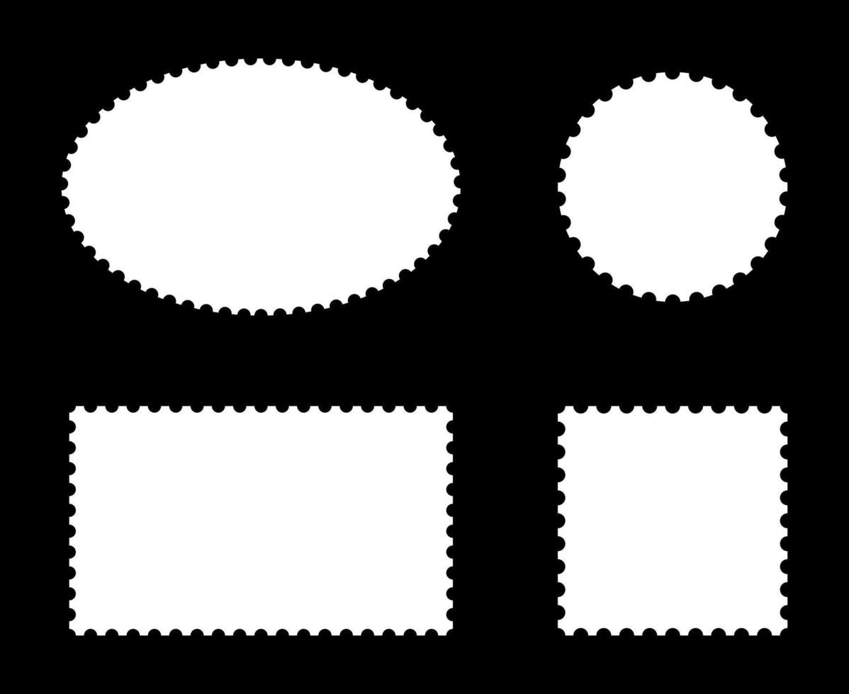 Set of postage stamp frames. Empty borders, backgrounds for postcards, letters. Tags, labels, coupons, boxes with curvy, wiggly, wavy perforated edges. Blank circle, rectangular vintage stamps. vector