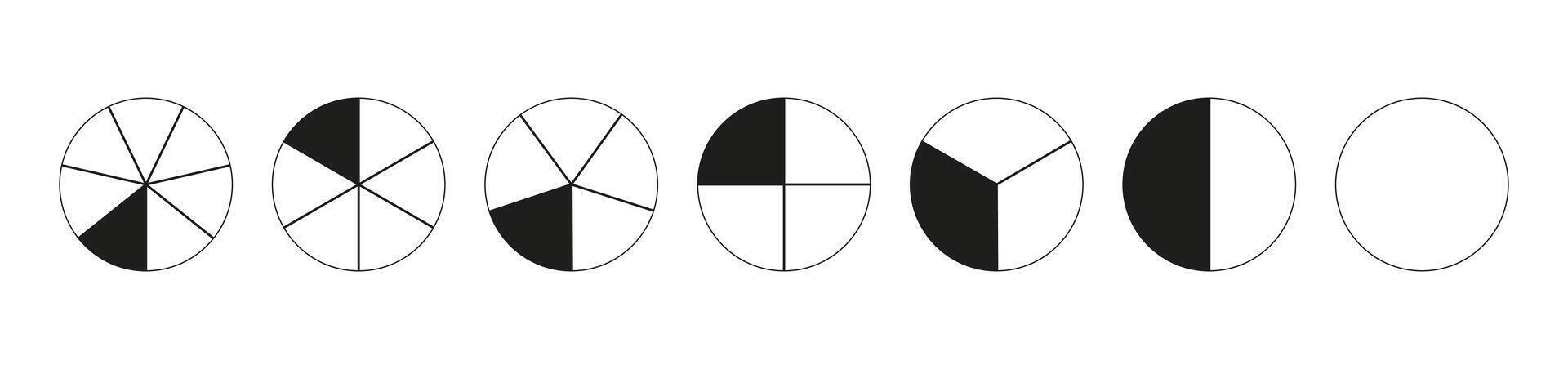 Donut charts segmented on from 1 to 7 equal parts. Diagrams infographic. Circle section minimalist graph. Black and white wheels divided in sections. Pizza, pie chart round icons. Coaching blank. vector
