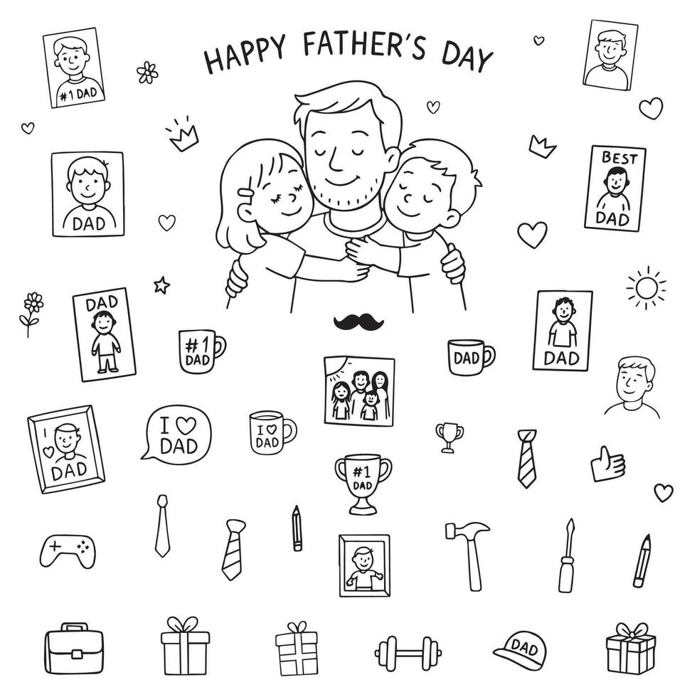 Happy Father's Day illustration featuring a father joyfully hugging his two children. Surrounded by themed elements like cards, trophies, and gifts, this image celebrates family love. vector