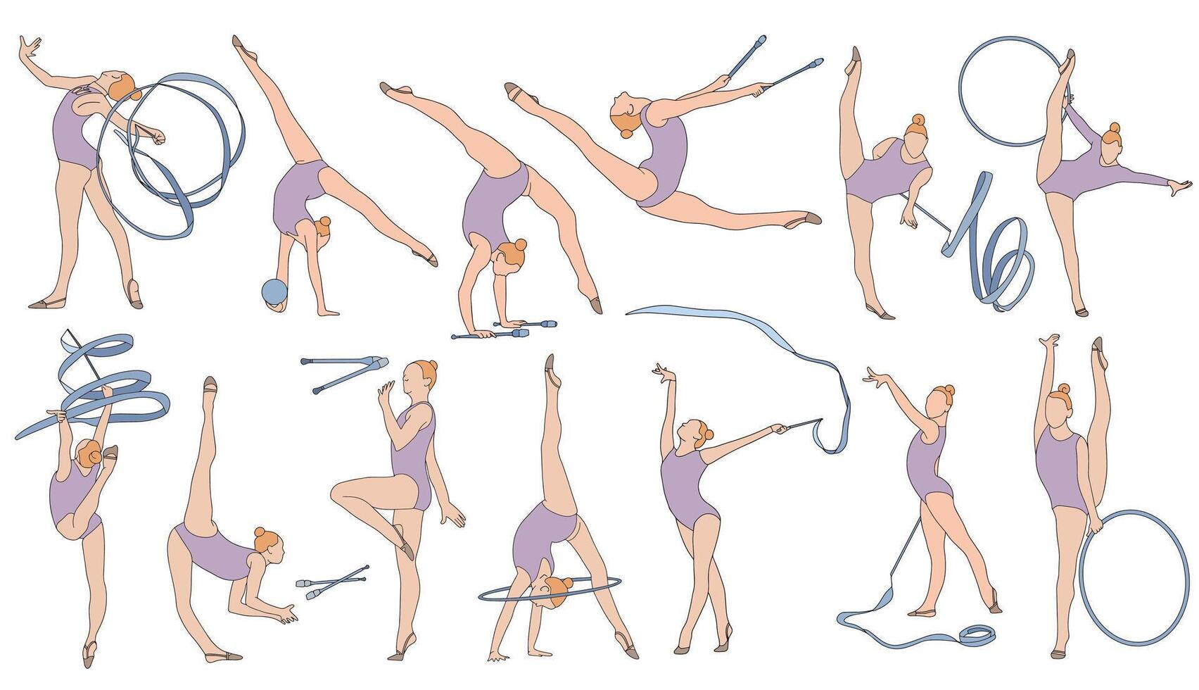 Rhythmic gymnastics poses with ribbons and hoops vector