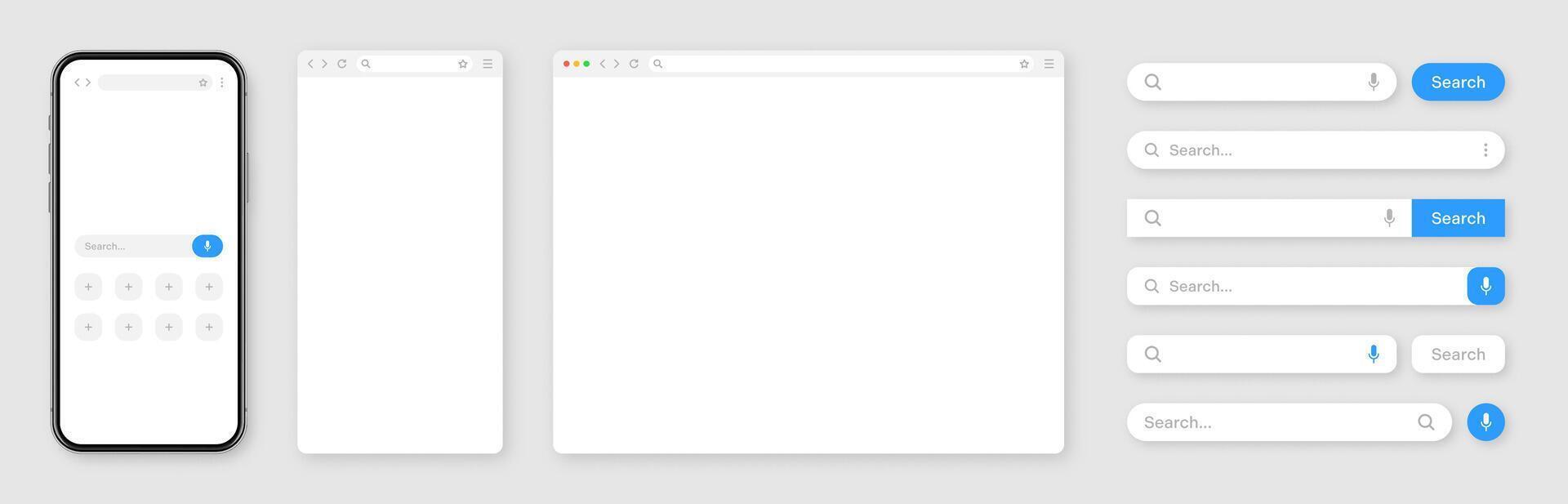 Smartphone, blank internet browser window with various search bar templates. Web site engine with search box, address bar and text field. UI design, website interface elements. illustration vector