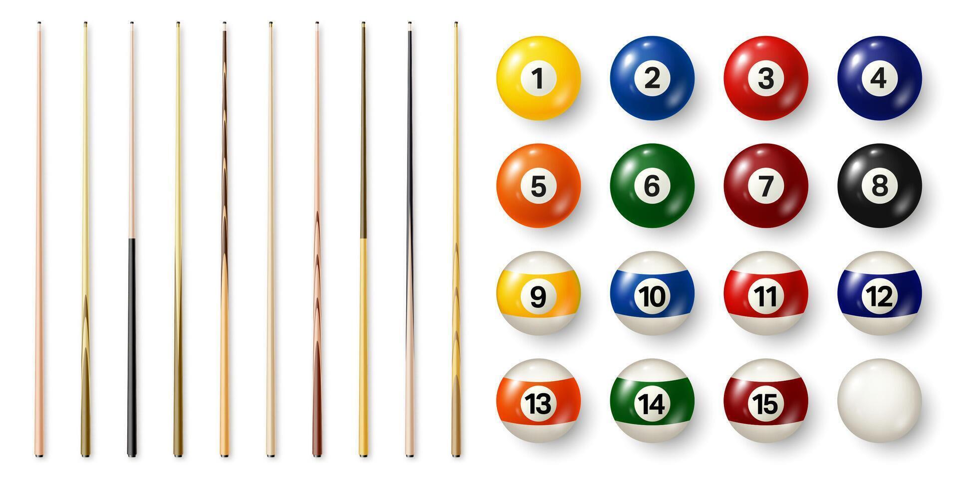 Colorful billiard balls with numbers and various pool cues. Glossy snooker ball. Sports equipment. illustration. vector