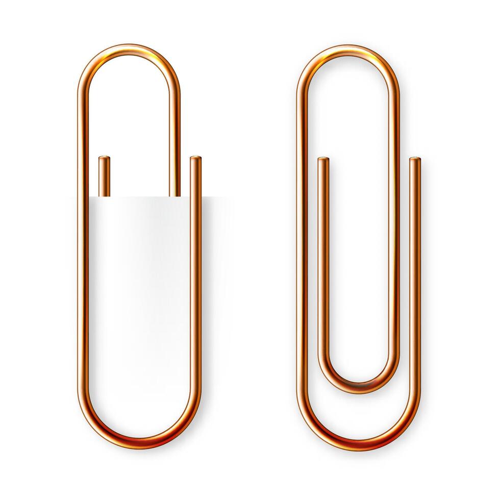 Realistic copper paperclip attached to paper isolated on white background. Shiny metal paper clip, page holder, binder. Workplace office supplies. illustration vector