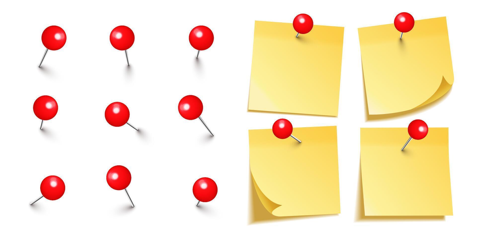 Realistic blank sticky notes isolated on white background. Yellow sheets of note paper with red round push pins. Paper reminder and plastic pushpin with needle. Board tacks. illustration vector
