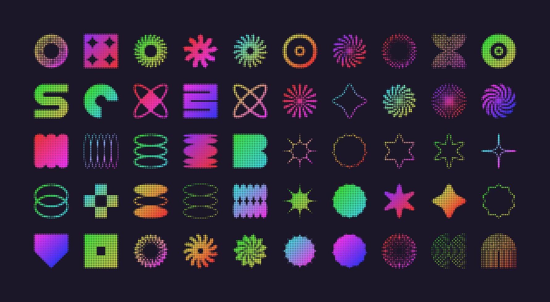 Brutalist geometric shapes, modern symbols with halftone effect. Colorful neon simple primitive elements and forms. Retro design, trendy contemporary minimalist style, y2k. illustration vector