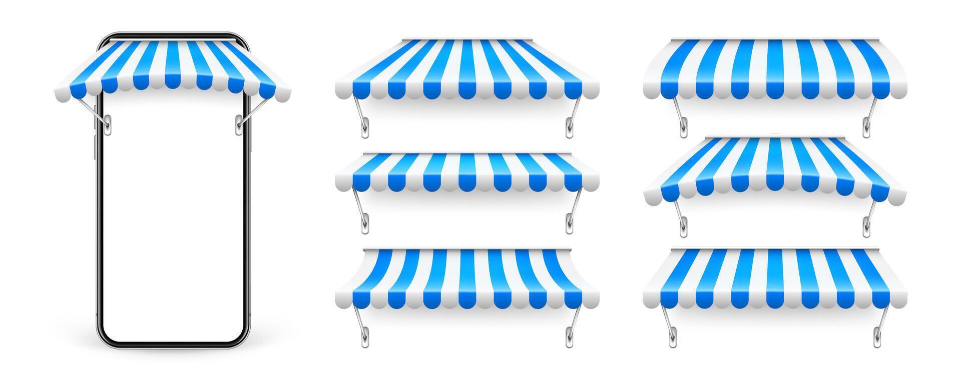 Smartphone with shop sunshade and metal mount, online internet shopping. Realistic blue striped cafe awning. Outdoor market tent. Roof canopy. Summer street store. illustration vector