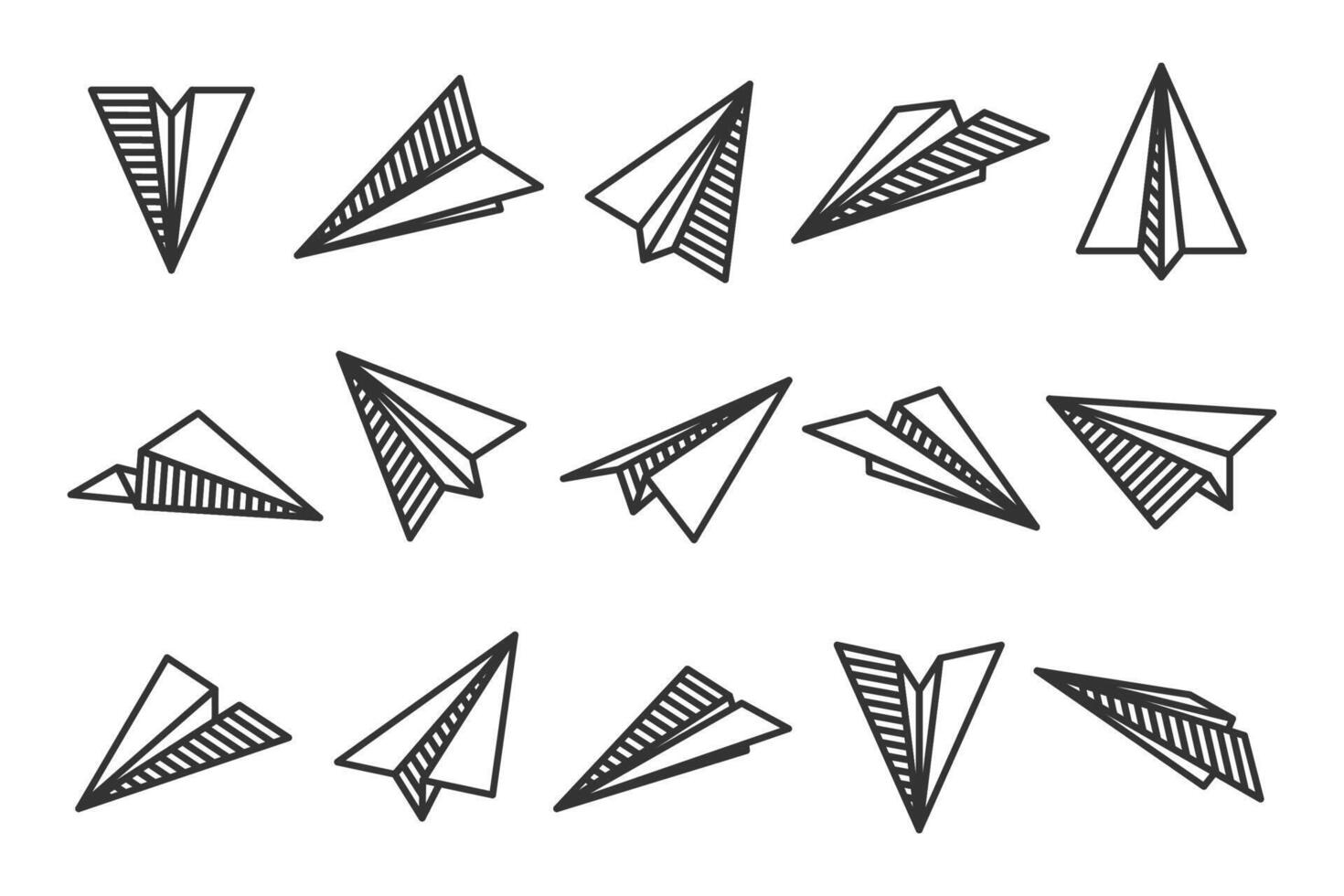 Various hand drawn paper planes. Black doodle airplanes. Aircraft icon, simple monochrome plane silhouettes. Outline, line art. illustration. vector