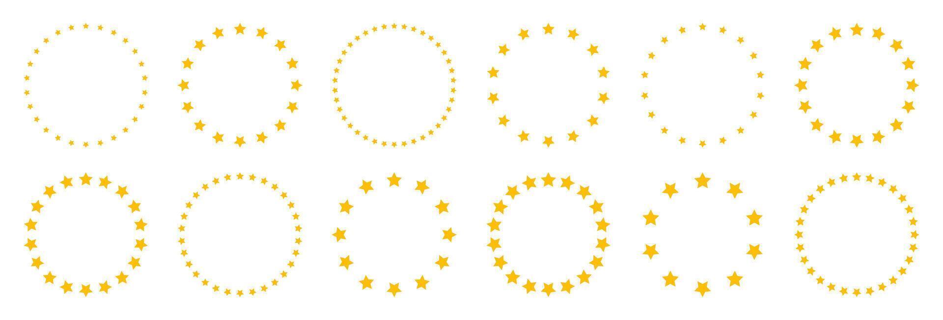 Stars of various sizes arranged in a circle. Round frame, border. Yellow star shape, simple symbol. Design element, ornament. illustration vector