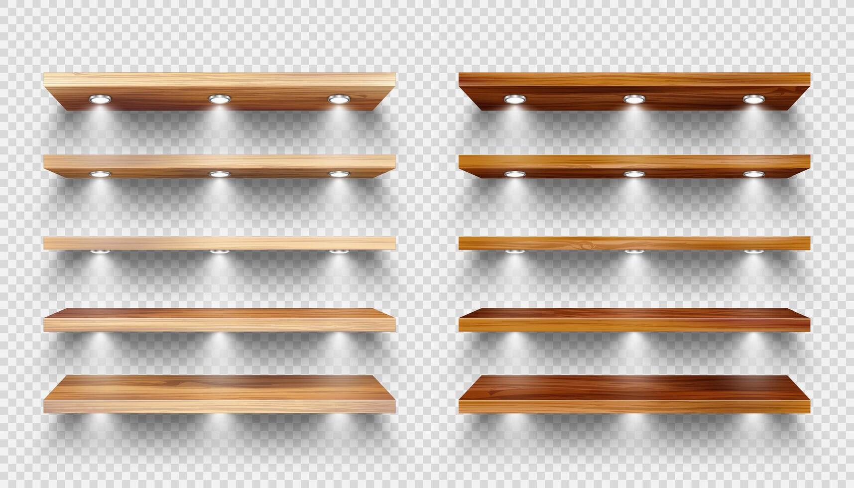 Wooden shelves with LED lights design vector