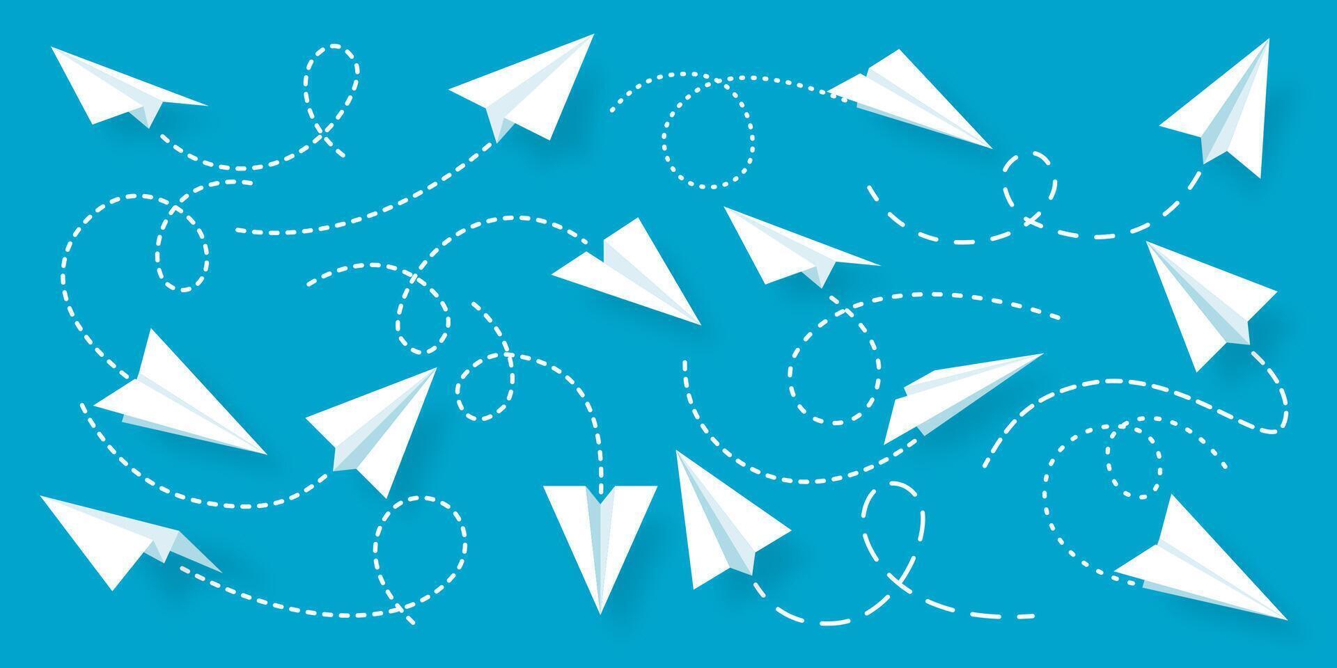 Various realistic white paper planes collection. Handmade origami aircraft with dotted doodle route line. Business concept element, project startup and goal achievement. illustration vector