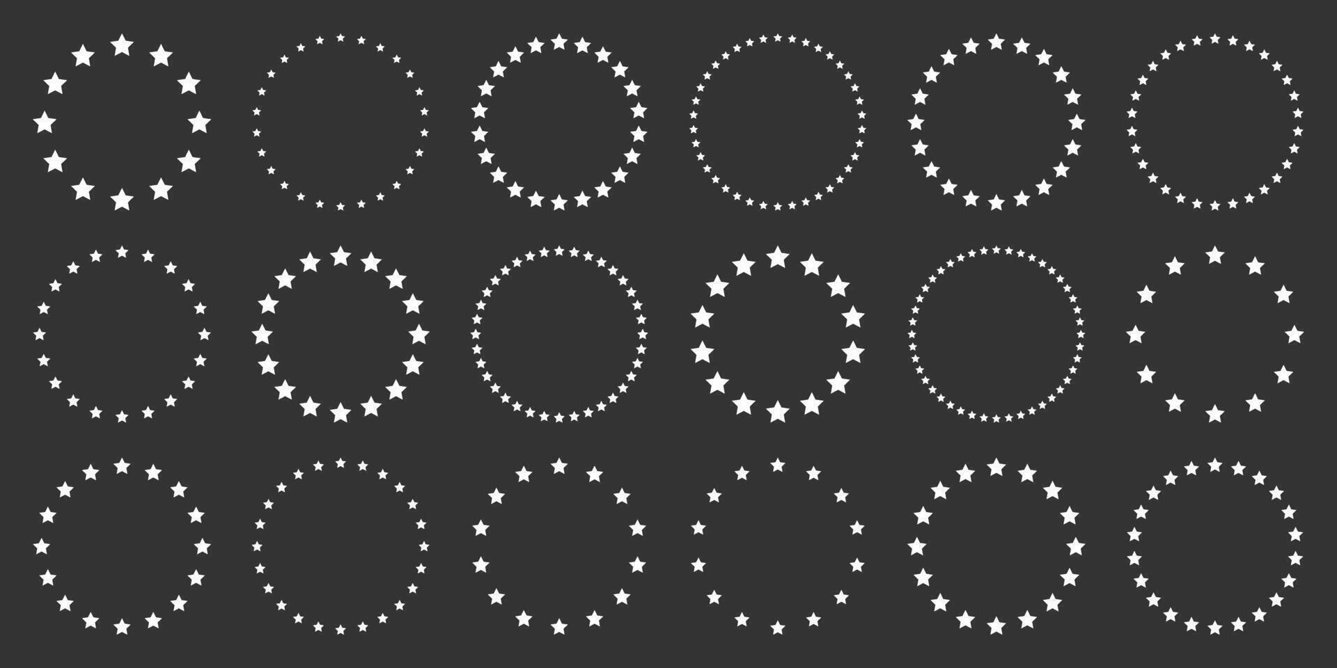 White stars of various sizes arranged in a circle. Round frame, border. Black star outline, simple symbol. Design element, ornament. Line art. illustration vector