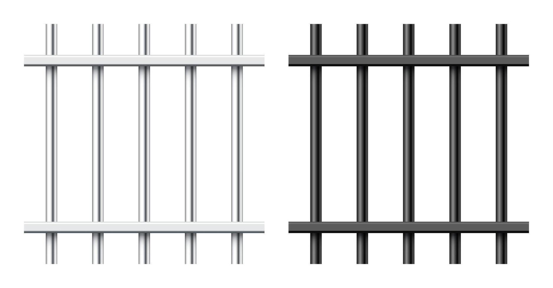 Realistic black and silver metal prison bars isolated on white background. Detailed jail cage, prison iron fence. Criminal background mockup. Creative illustration. vector