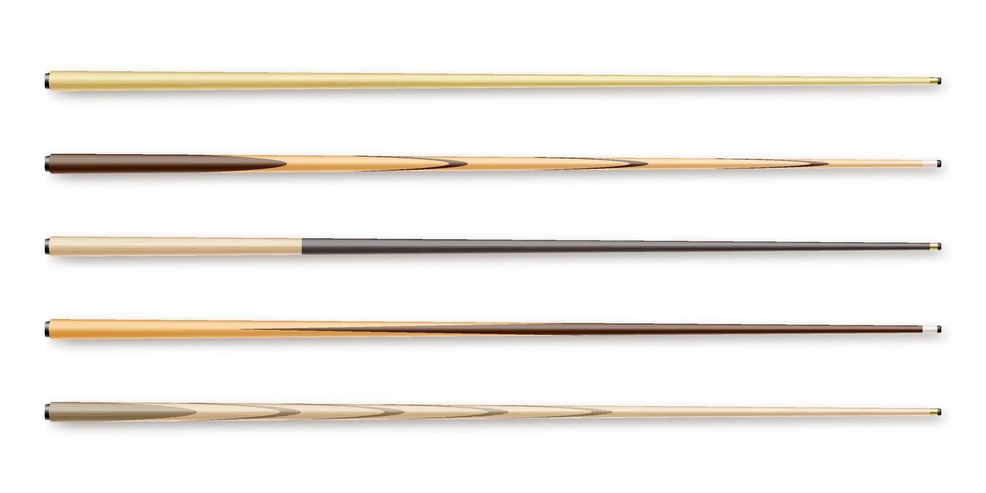 Various wooden billiard cues isolated on white background. Snooker sports equipment. Vintage pool cue. Active recreation and entertainment. illustration vector