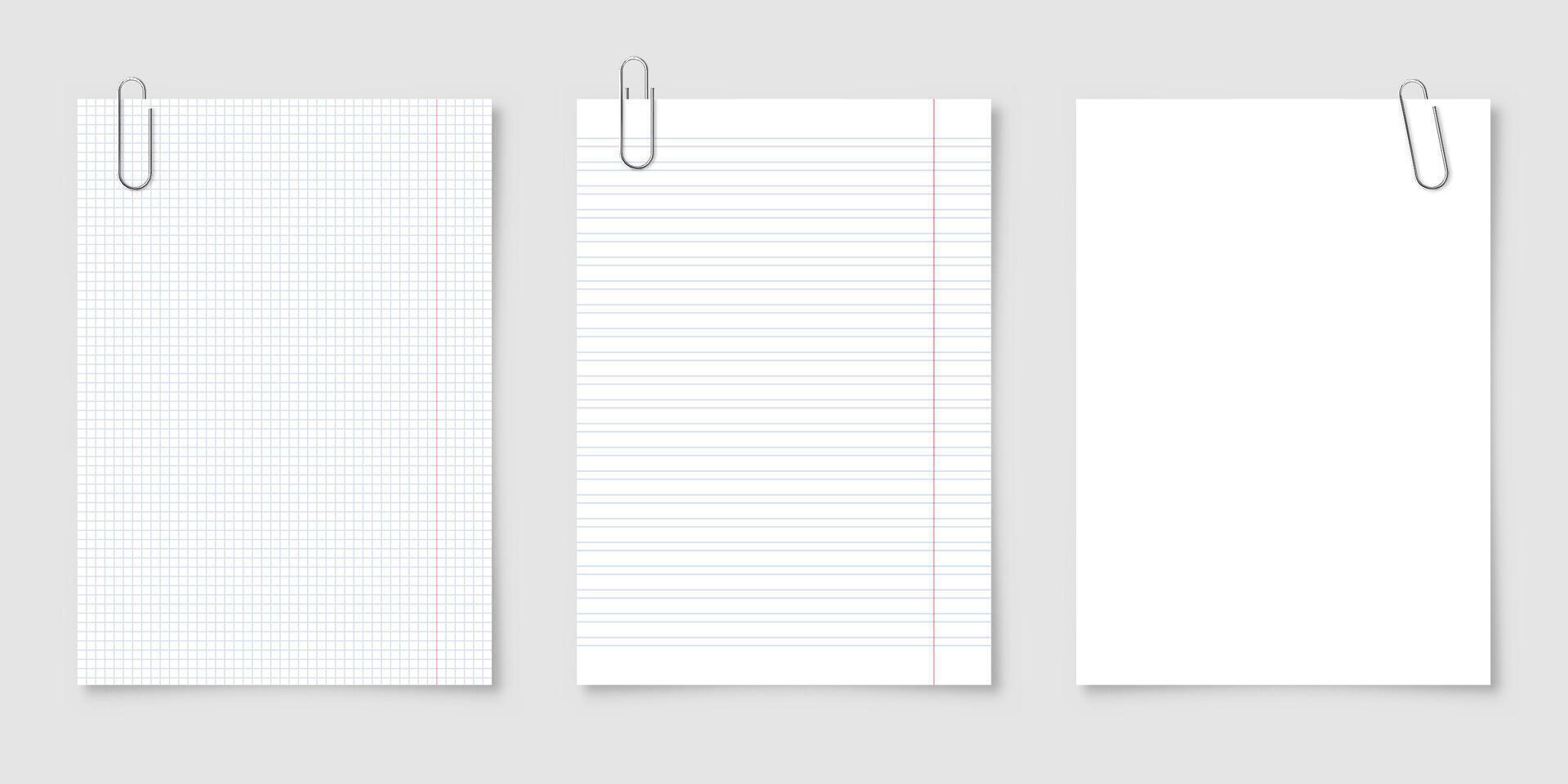 Realistic blank paper sheets in A4 format with metal clip, holder on gray background. Notebook page, document. Design template or mockup. illustration. vector