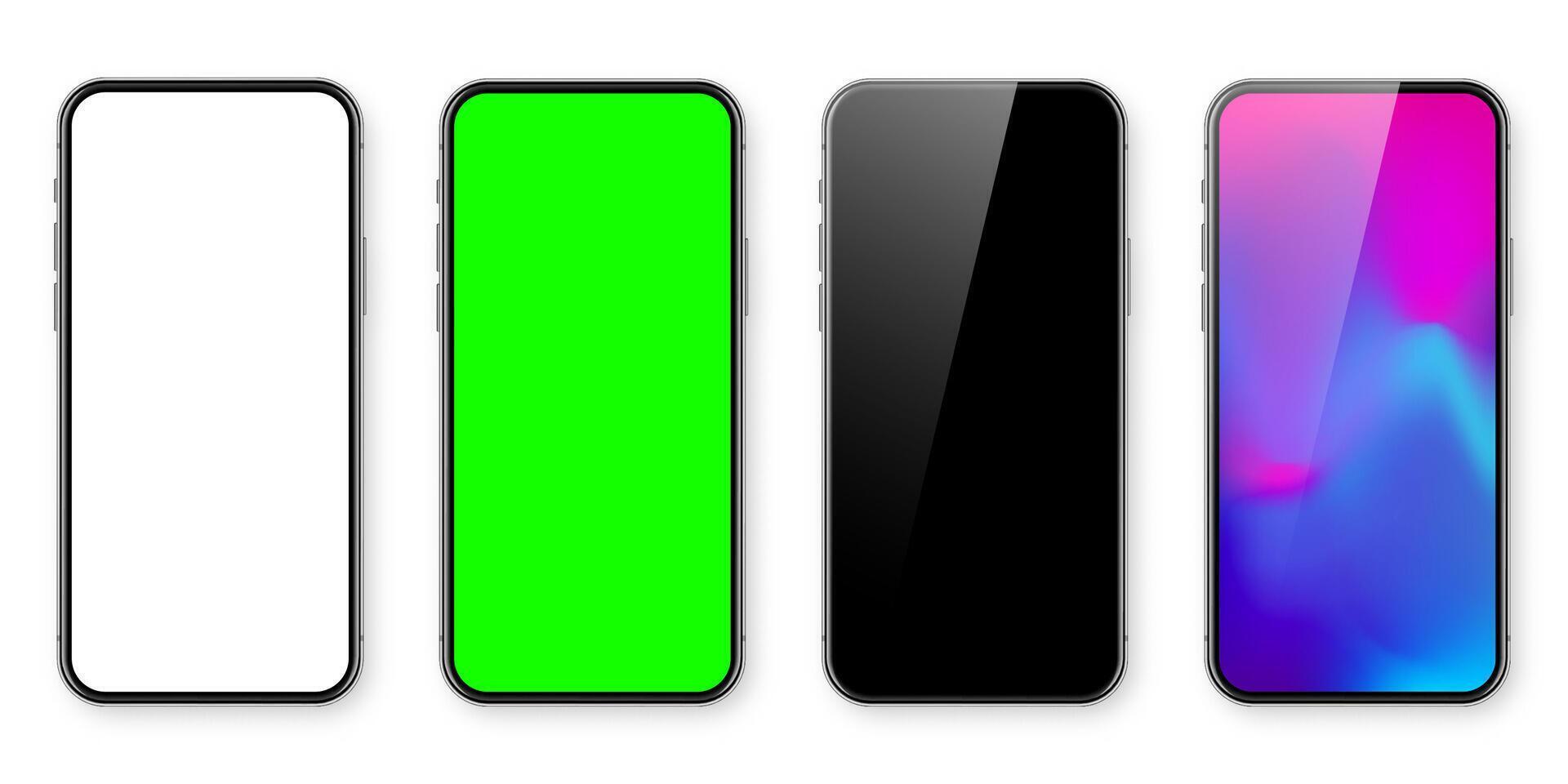 Smartphone with blank touch screen and abstract colorful wallpaper, green chroma key background. Frameless mobile phone in front view. High quality detailed device mockup. illustration vector