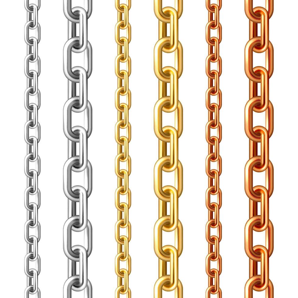 Realistic seamless golden, silver and bronze chains isolated on white background. Metal chain with shiny gold plated links. illustration. vector