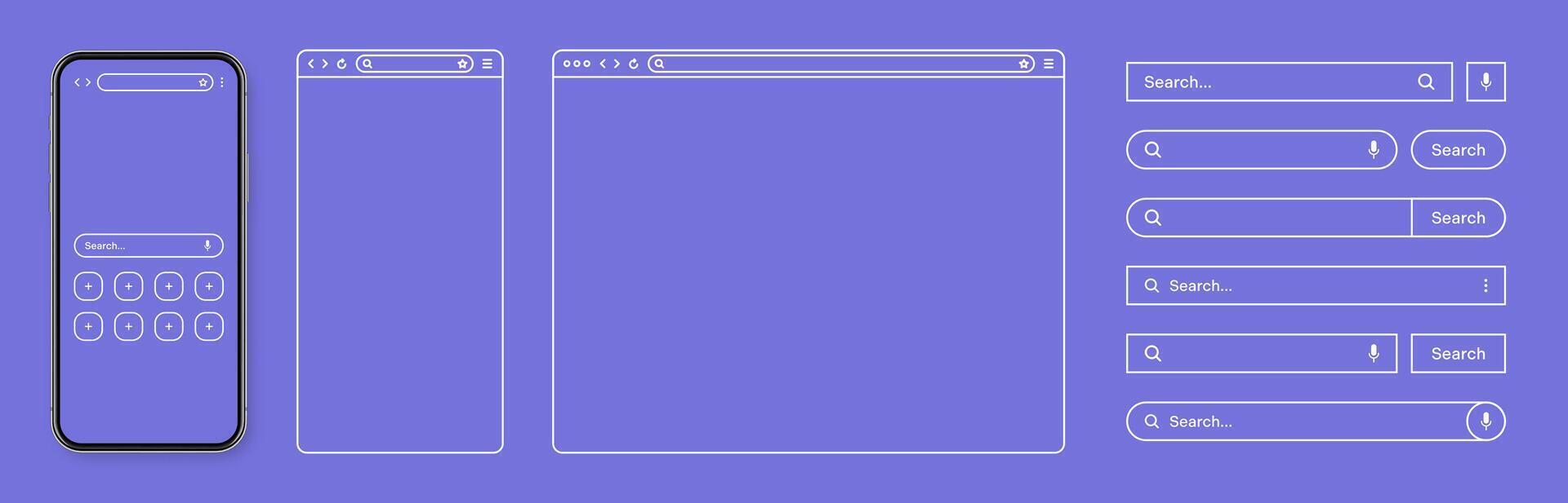 Smartphone, web browser, internet page window with toolbar and search bar, field. Modern website in flat style, line art. Blank browser mockup for computer, tablet and smartphone. illustration vector