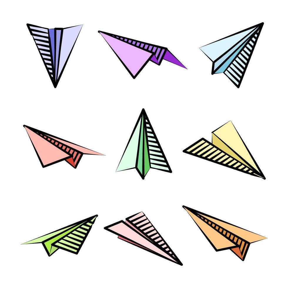 Various hand drawn paper planes. Colorful doodle airplanes. Aircraft icon, simple plane silhouettes. Outline, line art. illustration. vector