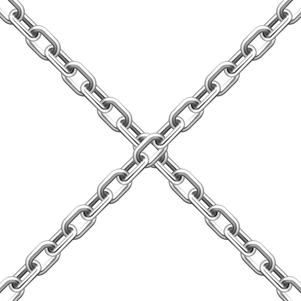 Realistic crossing metal chains with silver links isolated on white background. illustration. vector