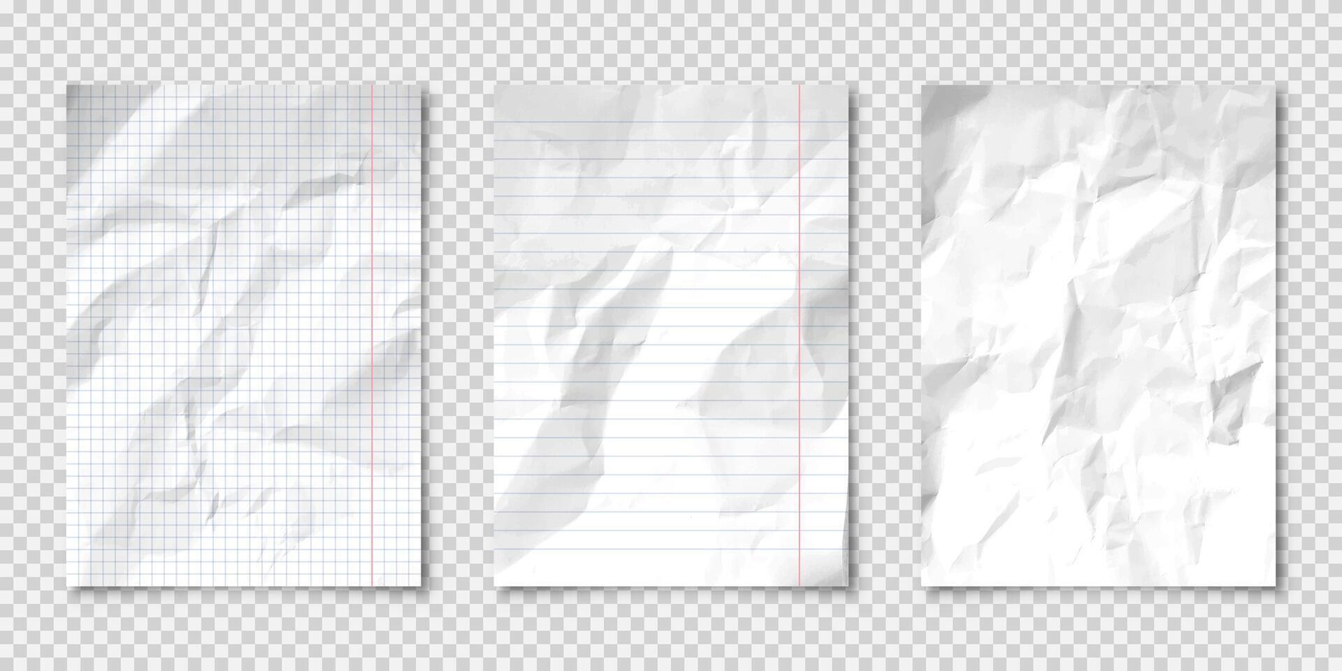 Realistic blank crumpled paper sheets in A4 format on transparent background. Notebook page, document. Design template or mockup. illustration. vector