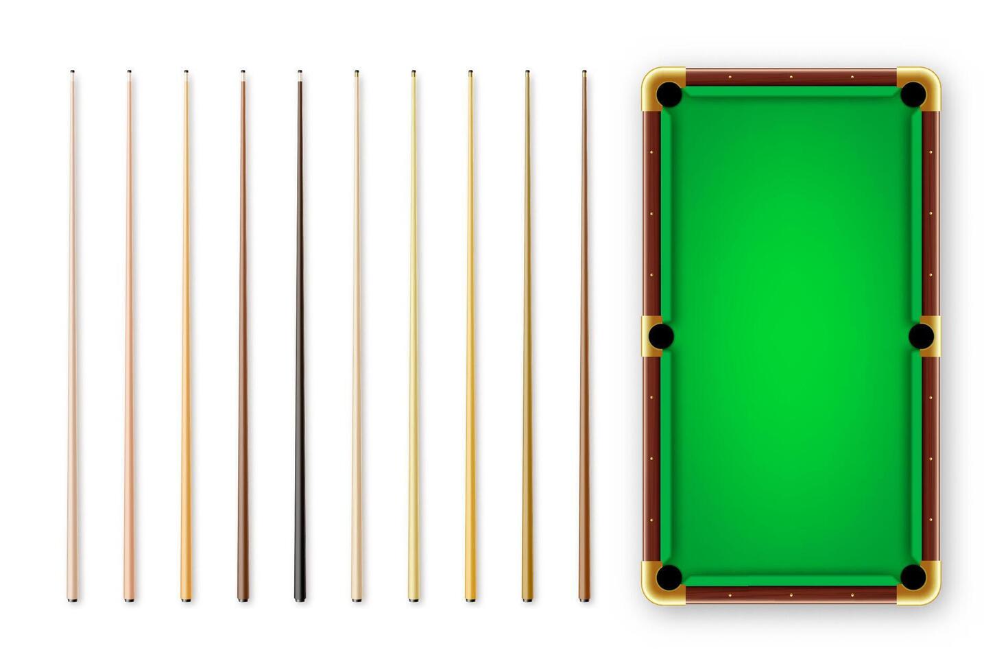 Various wooden billiard cues and green pool table. Snooker sports equipment. Vintage cue. Recreation and hobby, competitive game. illustration vector