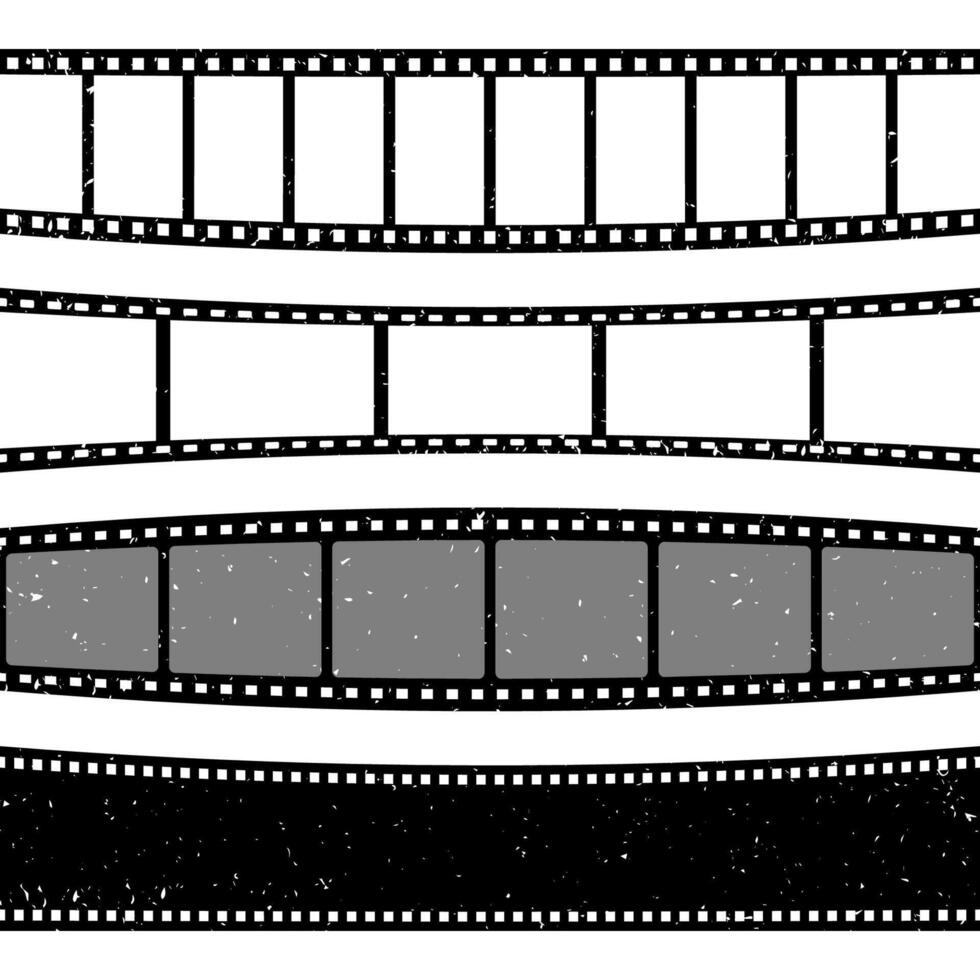 Retro curved film strips collection. Old grunge cinema movie strip. Analog recording equipment. illustration vector