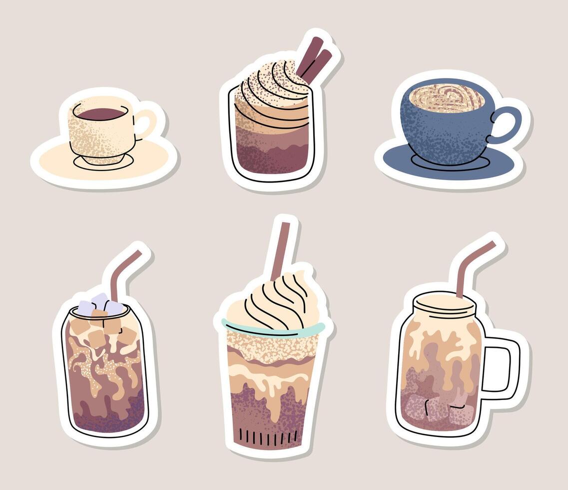 Cartoon Color Different Hot and Cold Coffee Beverage Stickers Set with Line Art Elements. vector