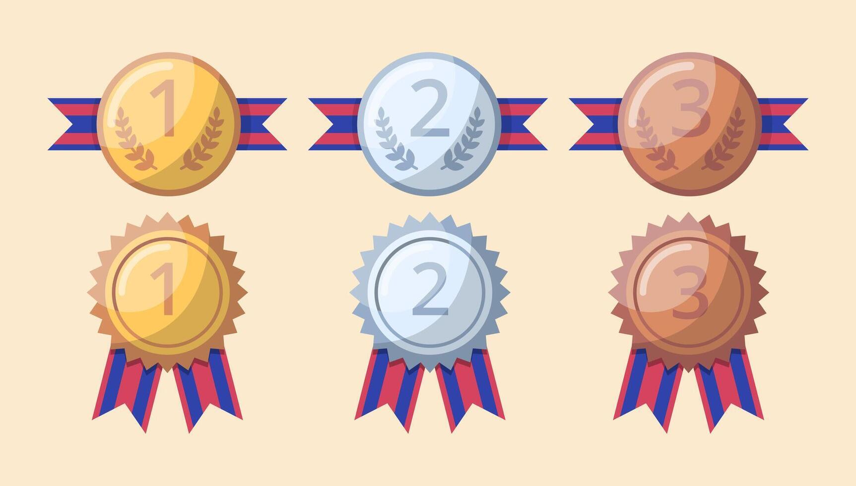 Cartoon Color Different Type Reward Badges with Ribbon and Engraved Numbers Set. vector