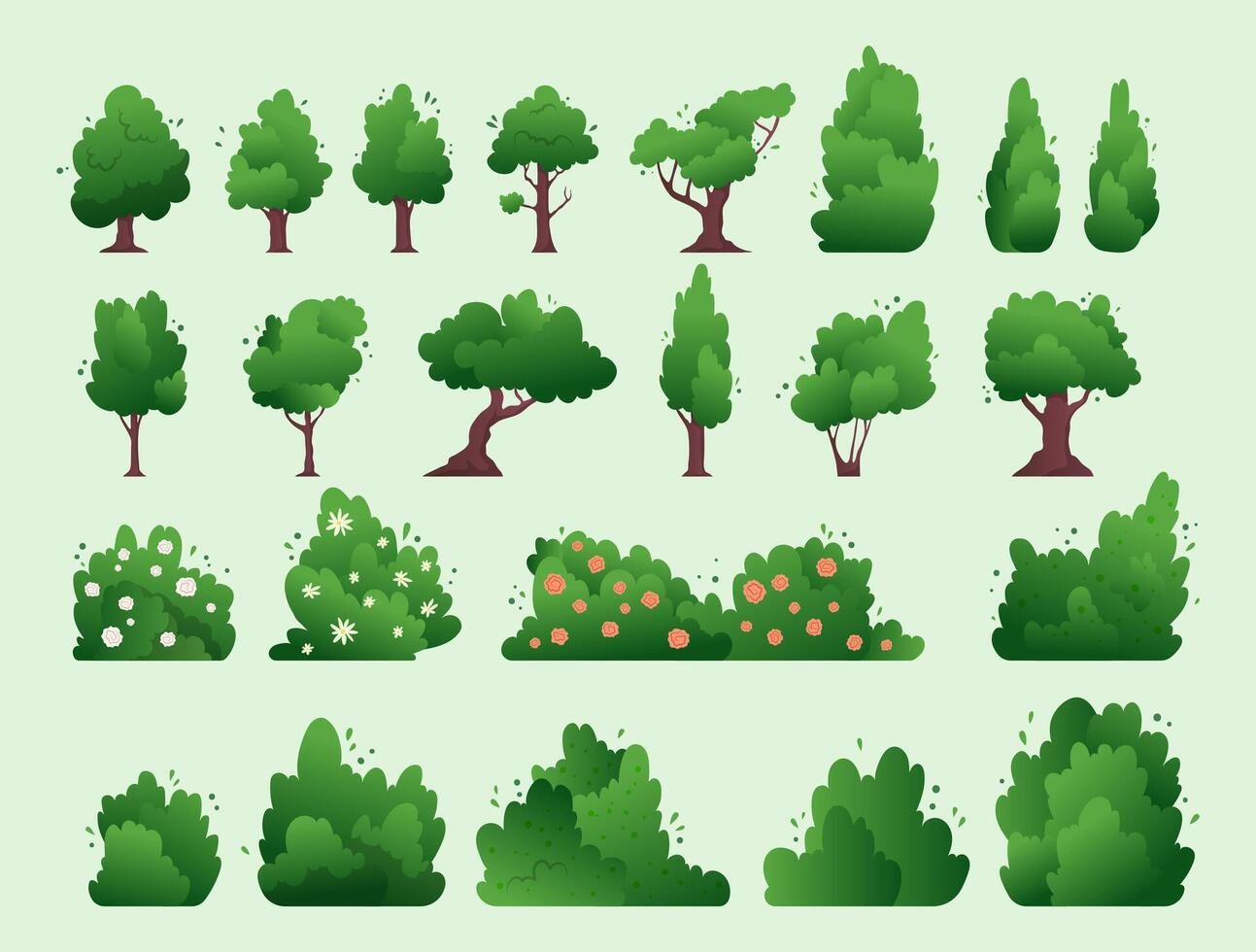 Collection of green trees and bushes vector