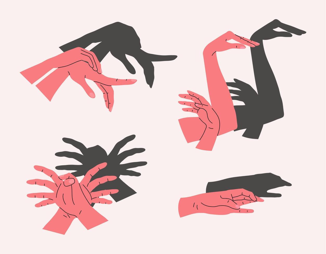 Cartoon Color Different Hand Shadow Puppets Spider, Swan and Beak Set. vector