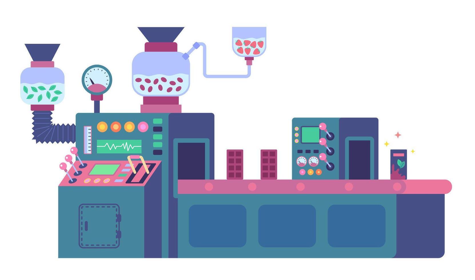 Cartoon Color Chocolate Factory with Automation System Production on Conveyor Belt Concept. vector
