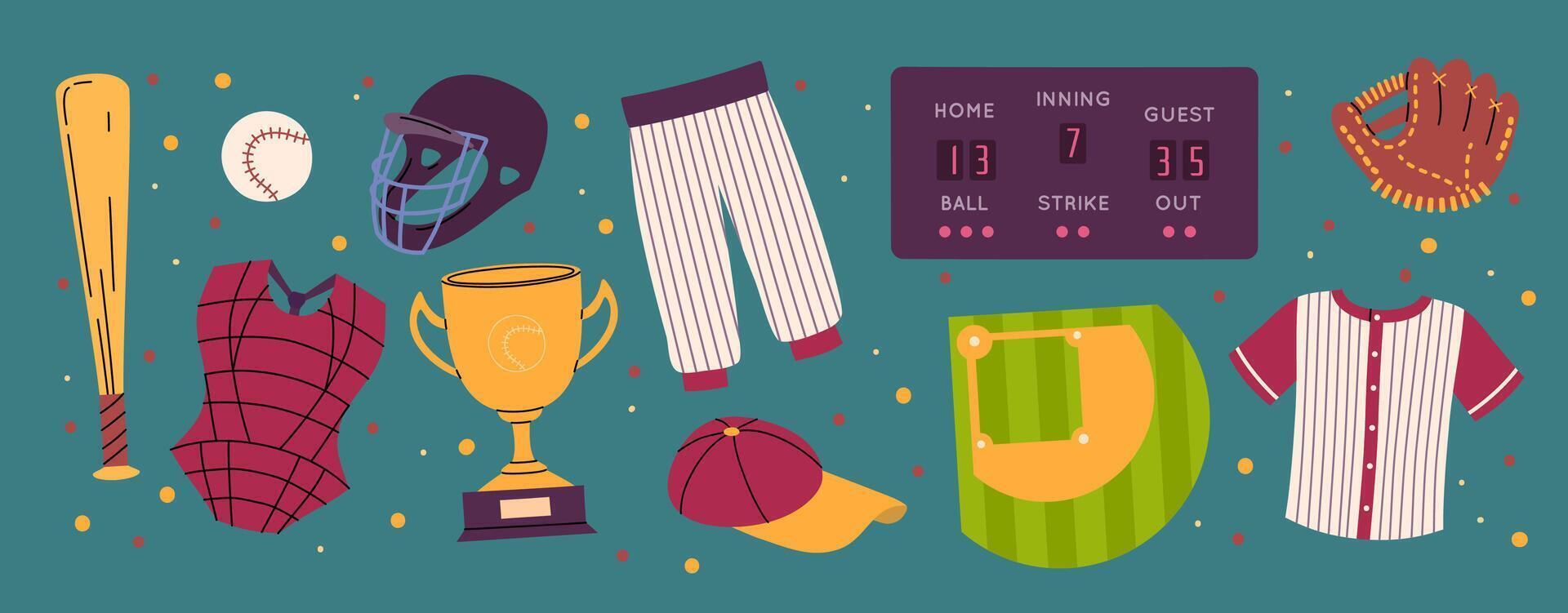 Illustration of baseball equipment and scoreboard vector