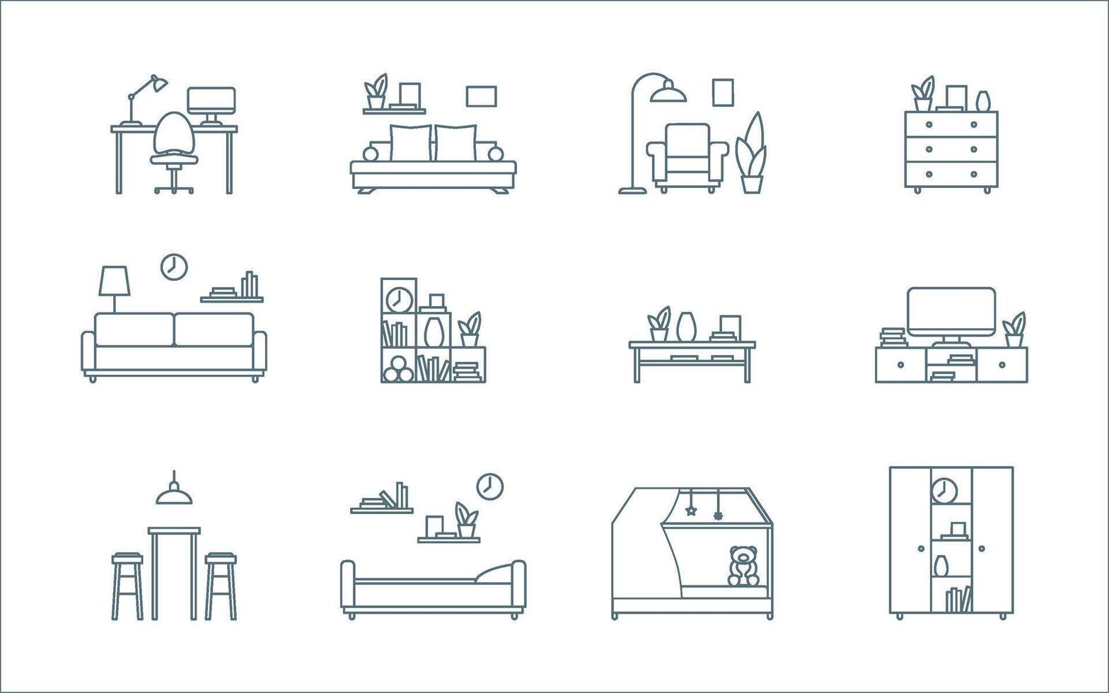 Furniture Object Sign Black Thin Line Icon Set. vector