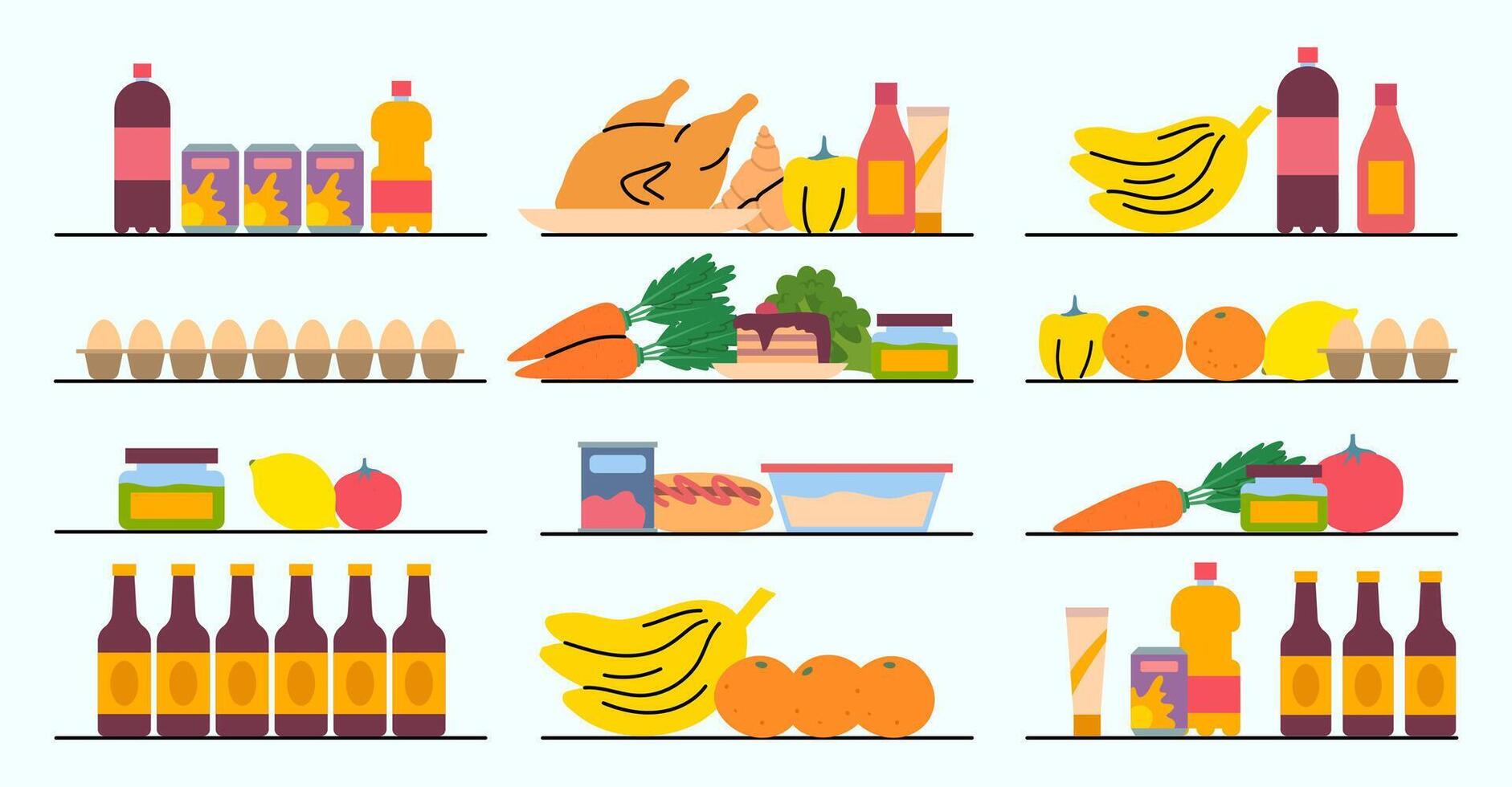 Various food items displayed on shelves vector