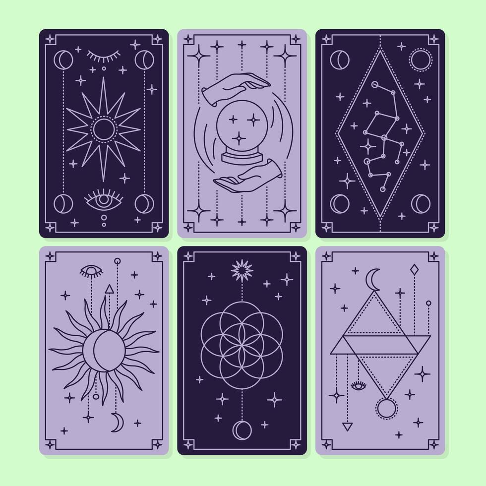 Cartoon Violet Reverse Cover Magical Tarot Deck Cards Set. vector