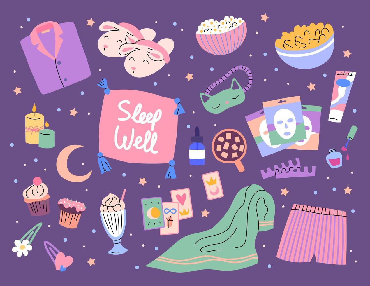 Cozy sleep essentials including snacks and decor vector