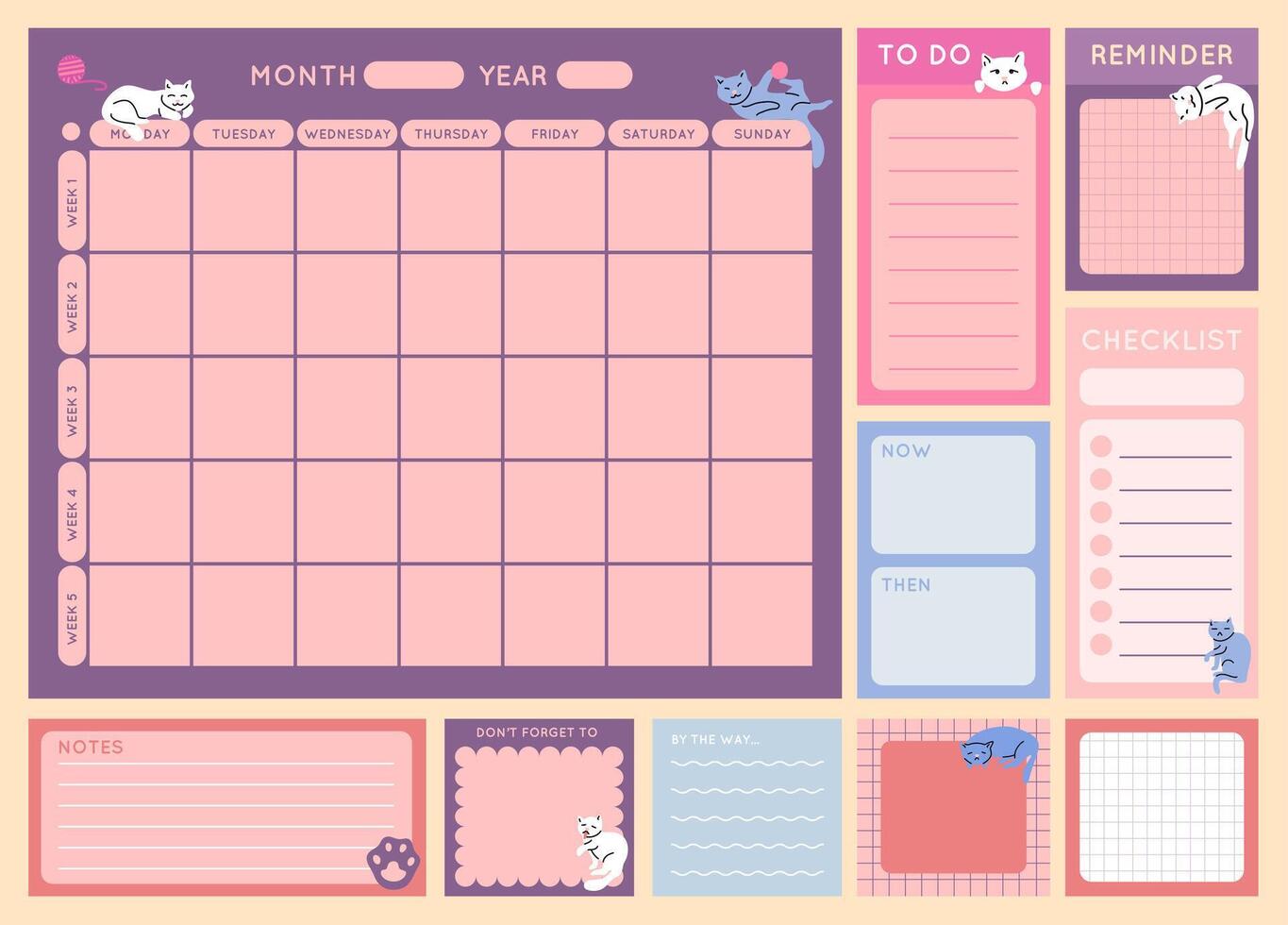 Cartoon Color Cute Calendar and To-Do List Reminder Concept. vector