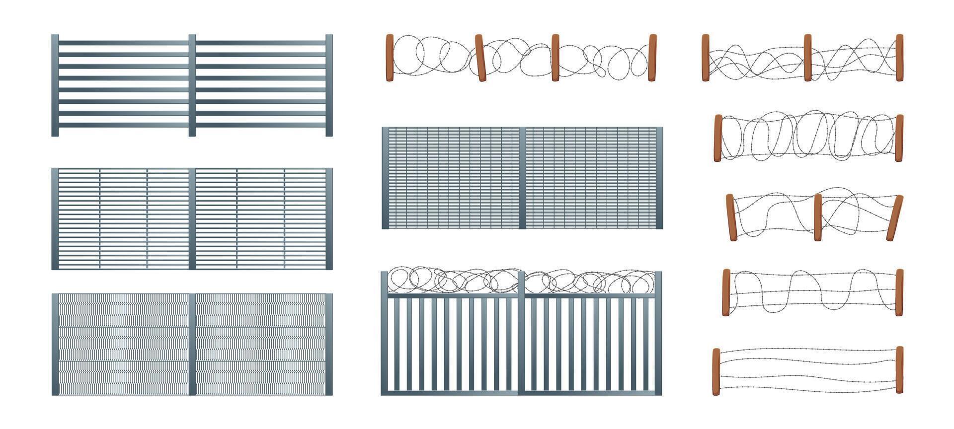 Cartoon Color Different Types Prison Fences Set. vector