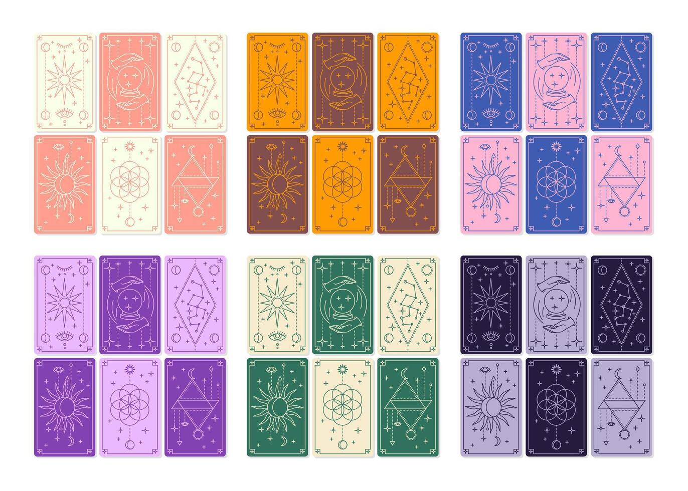 Cartoon Different Colored Reverse Cover Magical Tarot Deck Cards Set. vector