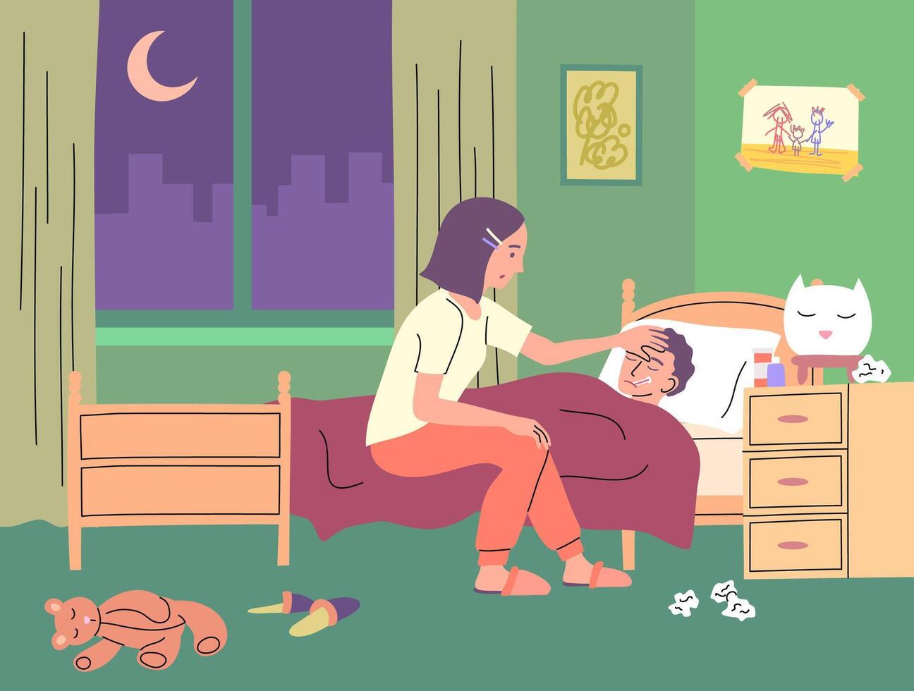 Mother and child in bedroom at night vector