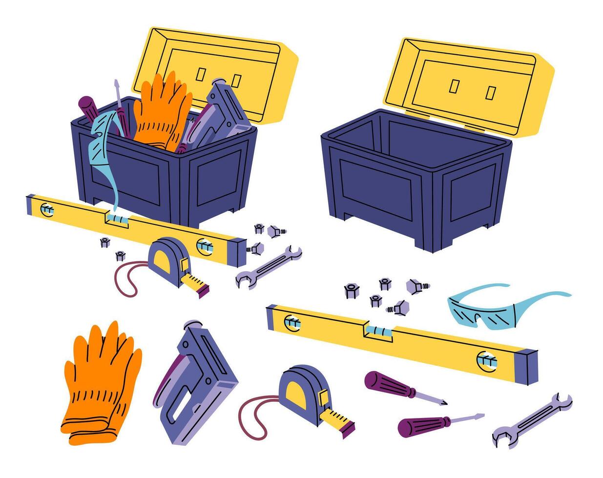 Cartoon Empty and Full Open Construction Toolkit Boxes with Yellow Cover Set. vector
