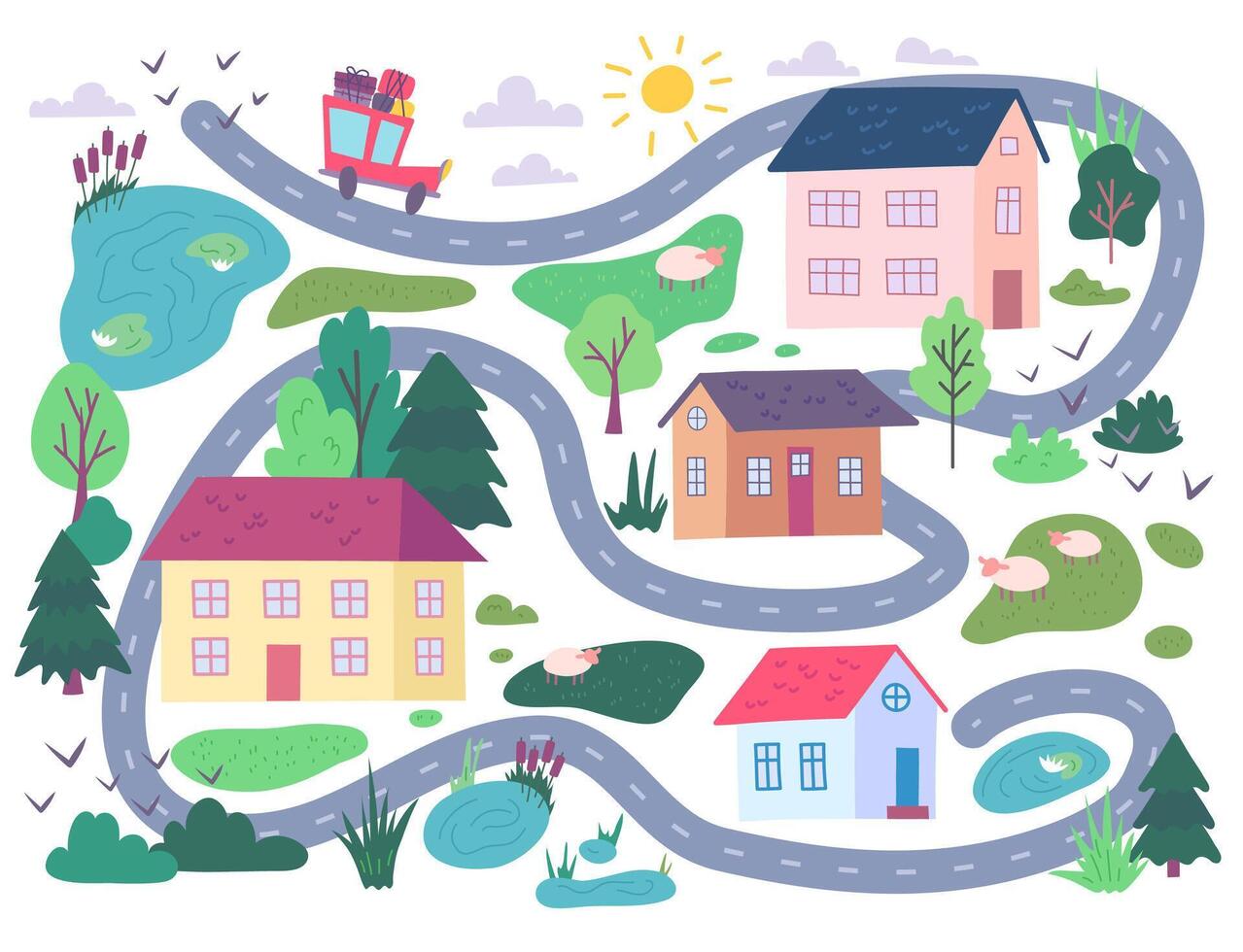 Cartoon Color Travel Map with Houses and Lawns Children Traveling with Family Concept. vector