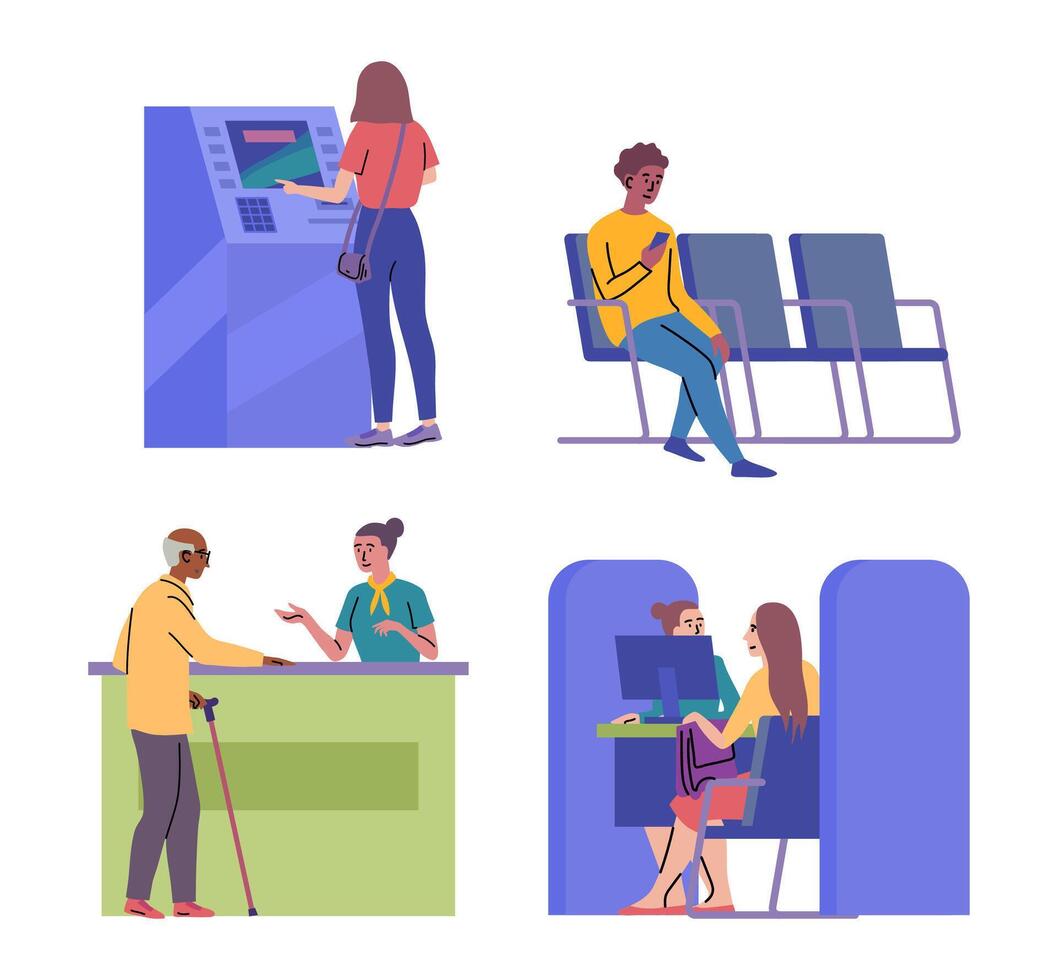 Cartoon Color Different Types Characters Clients and Managers at Bank Office Room Concept. vector